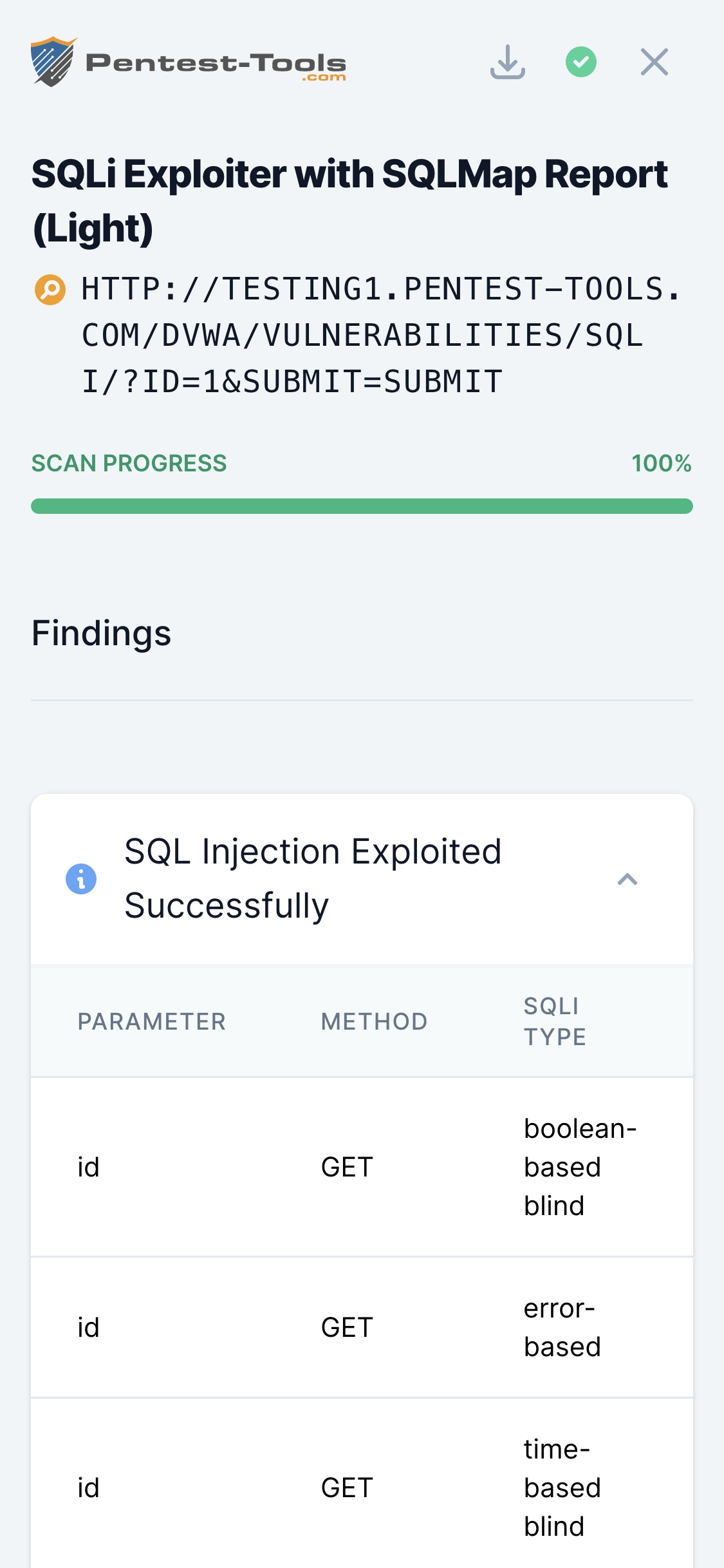 Pentest-Tools.com SQLi Exploit Tool Sample Report