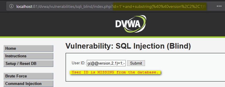 SQL Injection BLIND user id is missing from the database
