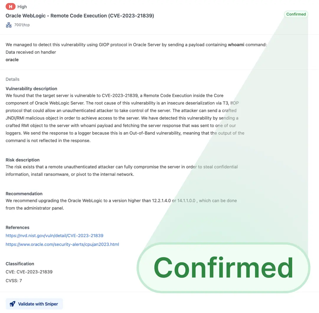Automatically confirmed findings preview