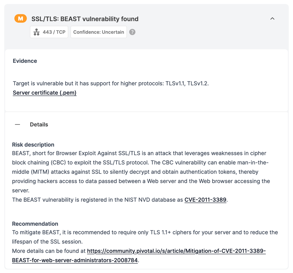 Network Scanner report showing an SSL/TLS BEAST vulnerability finding with evidence and remediation advice