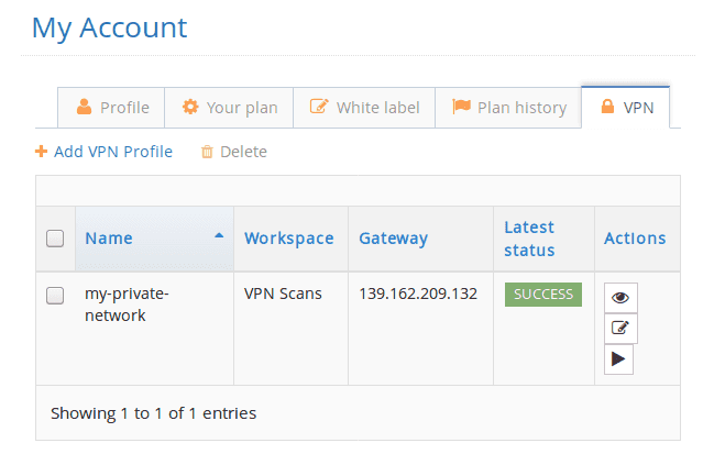 vpn profile displayed in my account dashboard