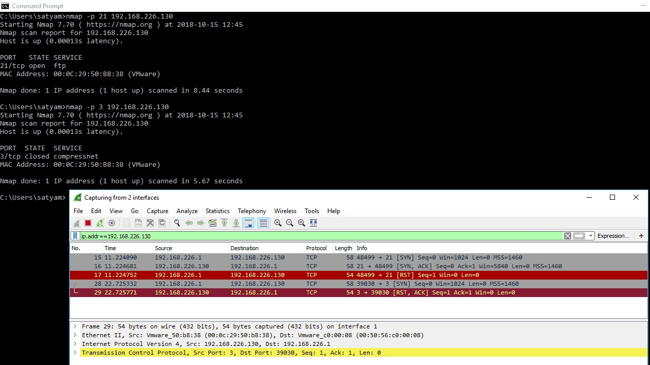 scanning for open ports 2 interfaces captured