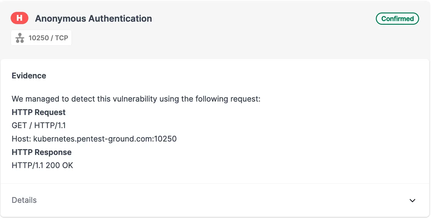 Automatically confirmed Kubernetes findings preview