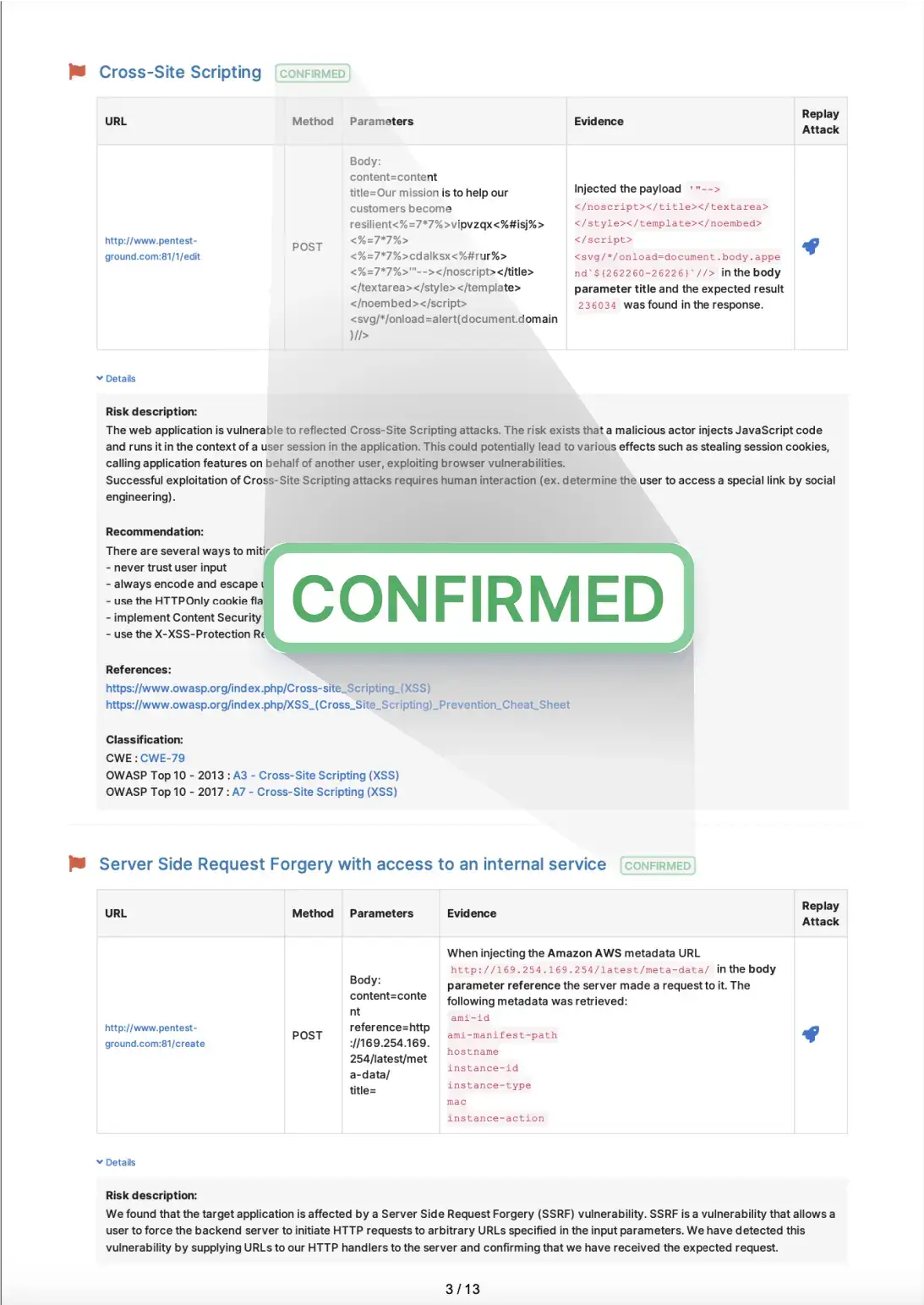 Automatically confirmed findings preview