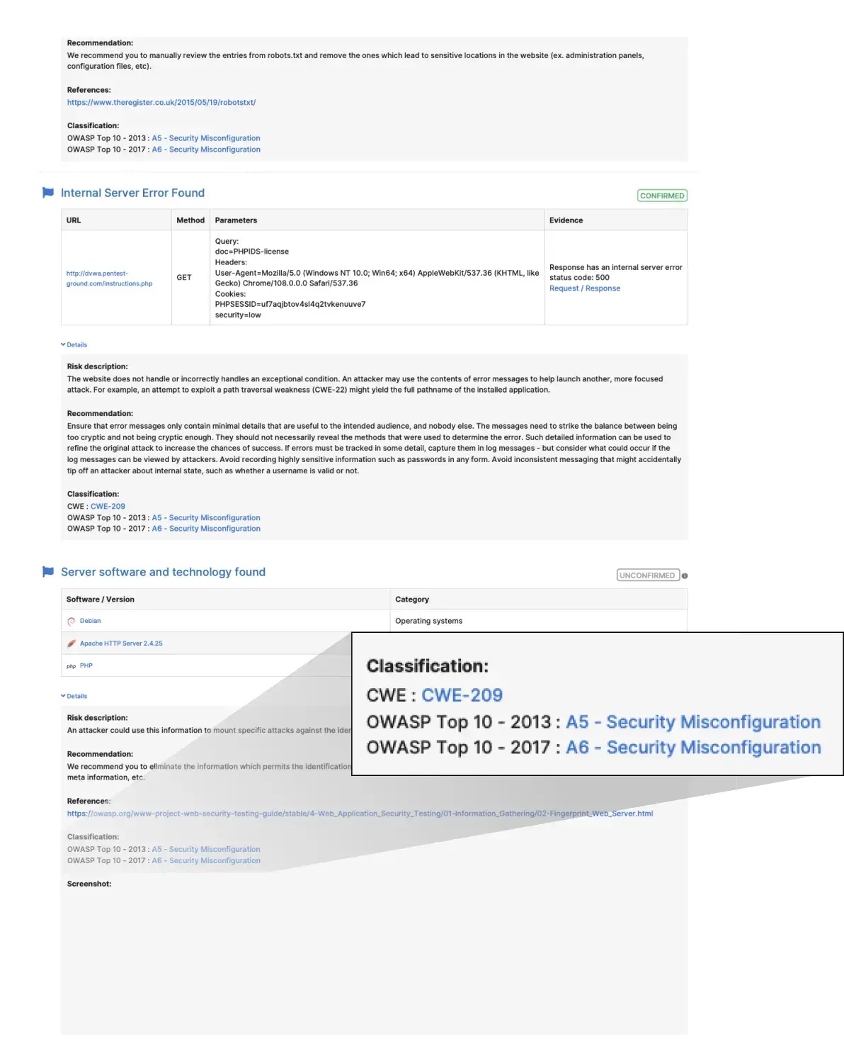 Classifications for OWASP, CWE preview