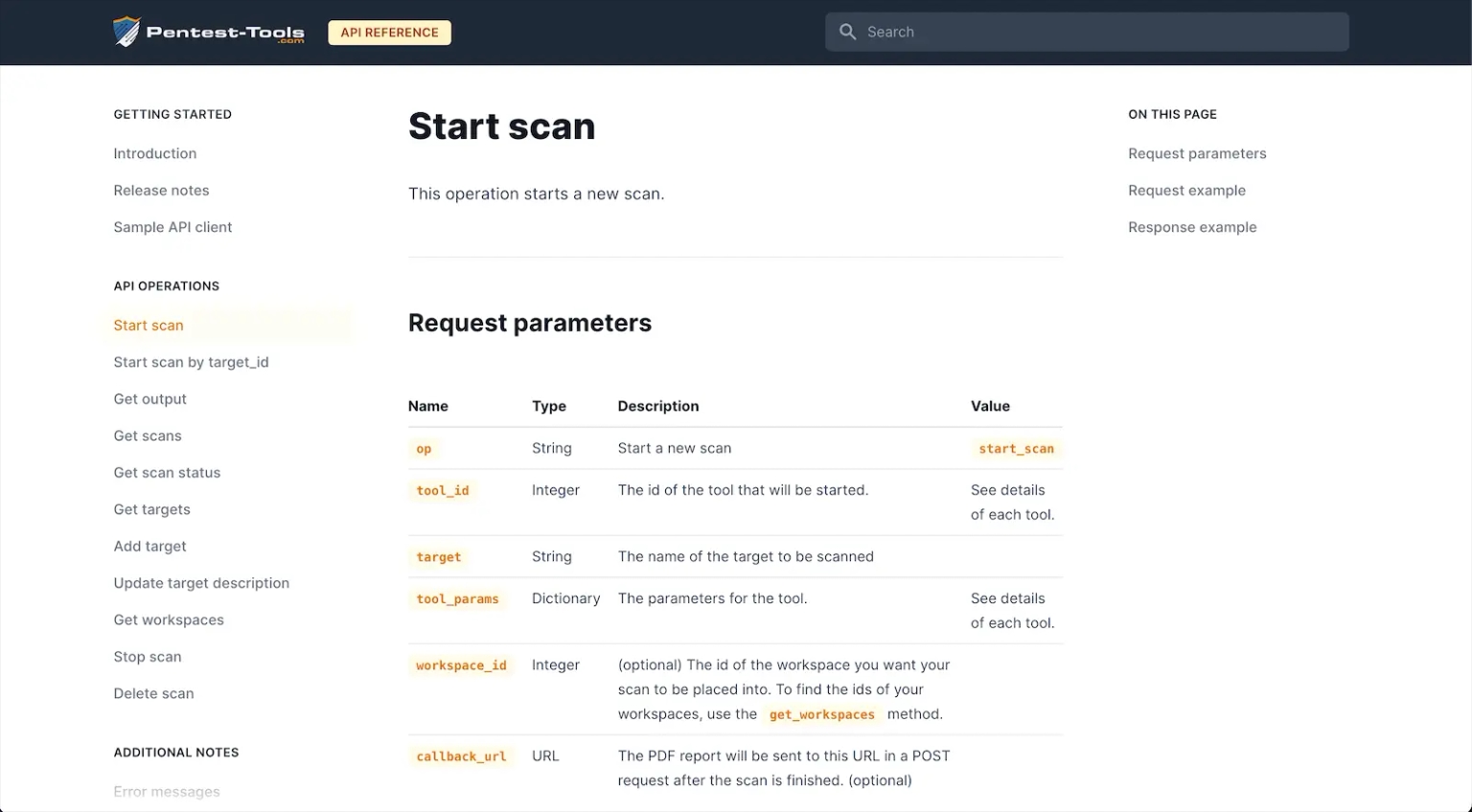 A screenshot of the pentesting API reference offered by Pentest-Tools.com