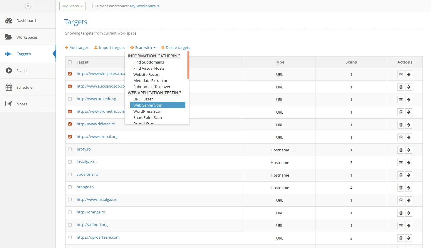 Screenshot showing how you can perform a multi-target bulk scan using Pentest-Tools.com