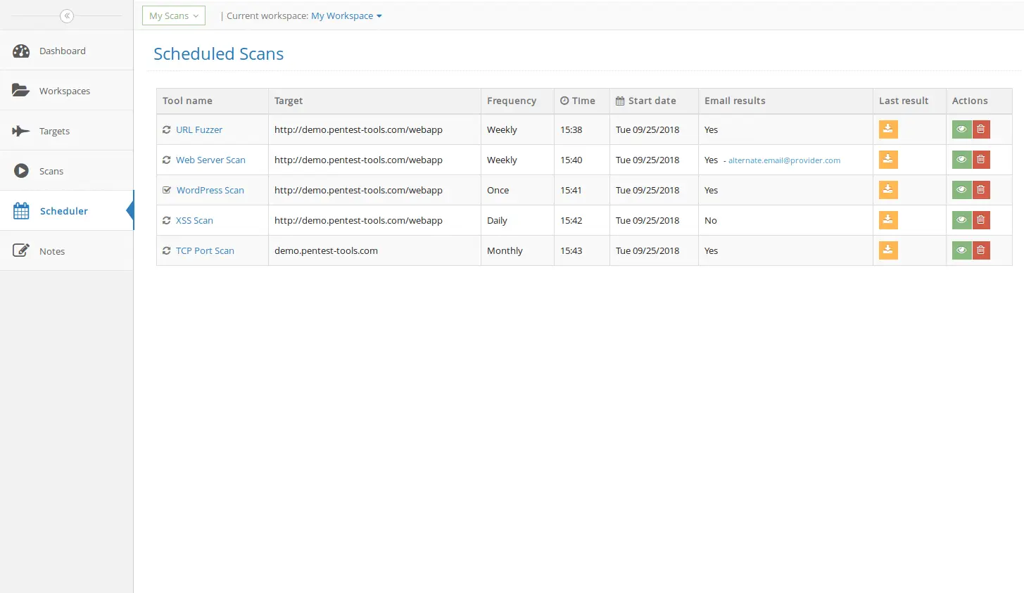 An image showing the scheduling interface in Pentest-Tools.com