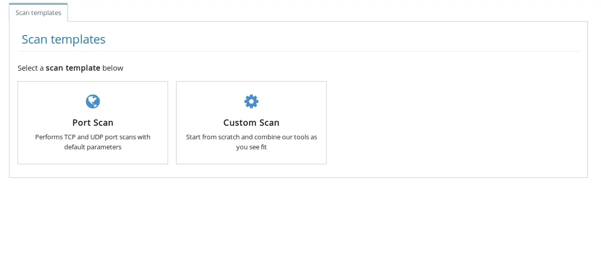 A screenshot showing the availability of custom scan templates that can be generated with Pentest-Tools.com
