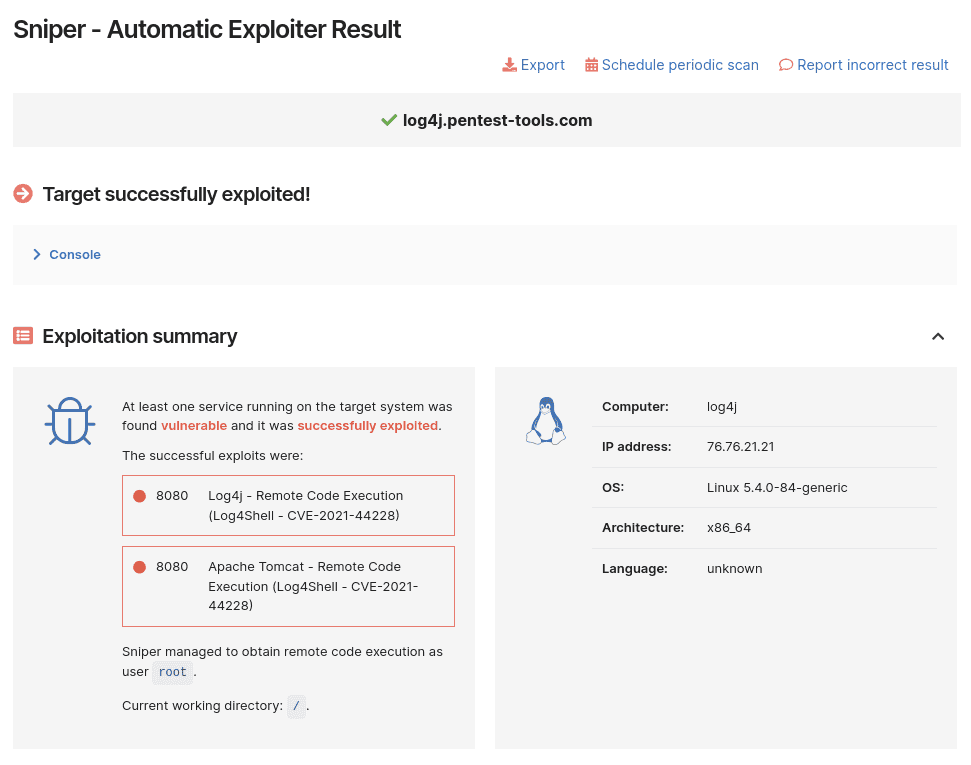 Sniper exploitation summary for Log4j vuln