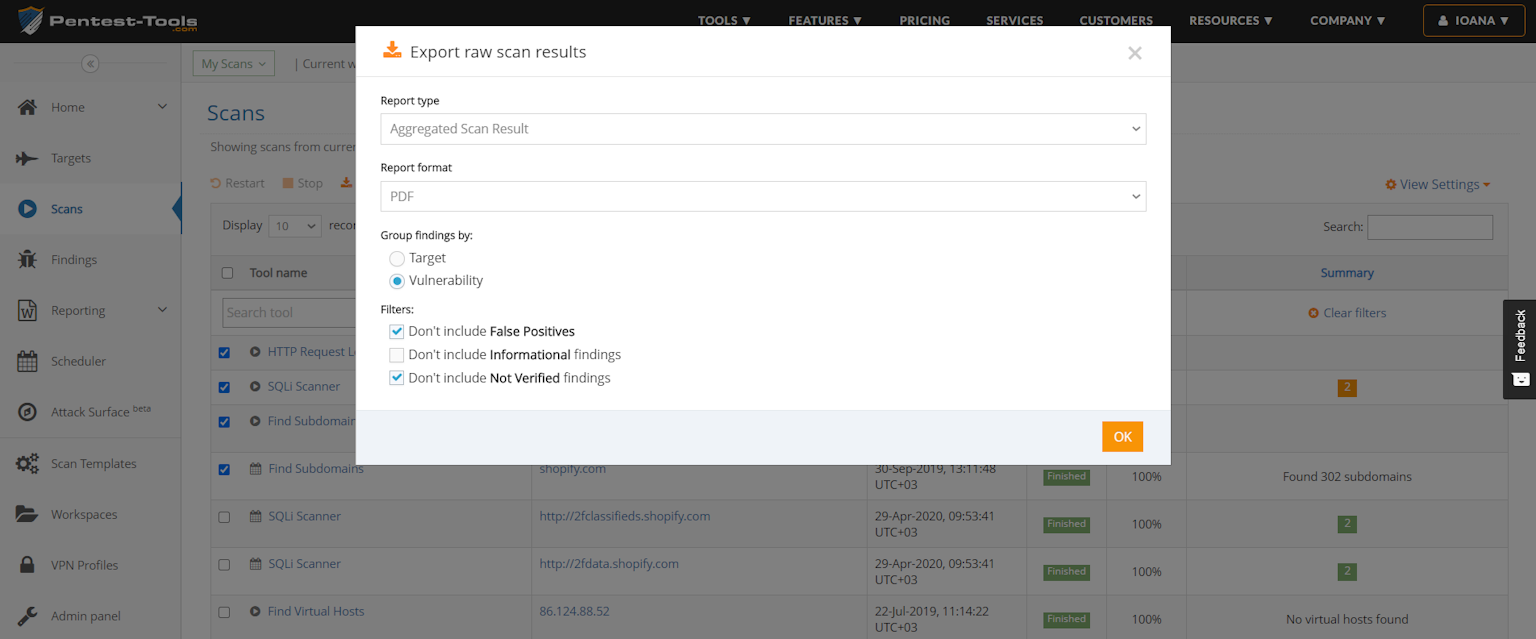 Aggregated scan results pentest-tools.com