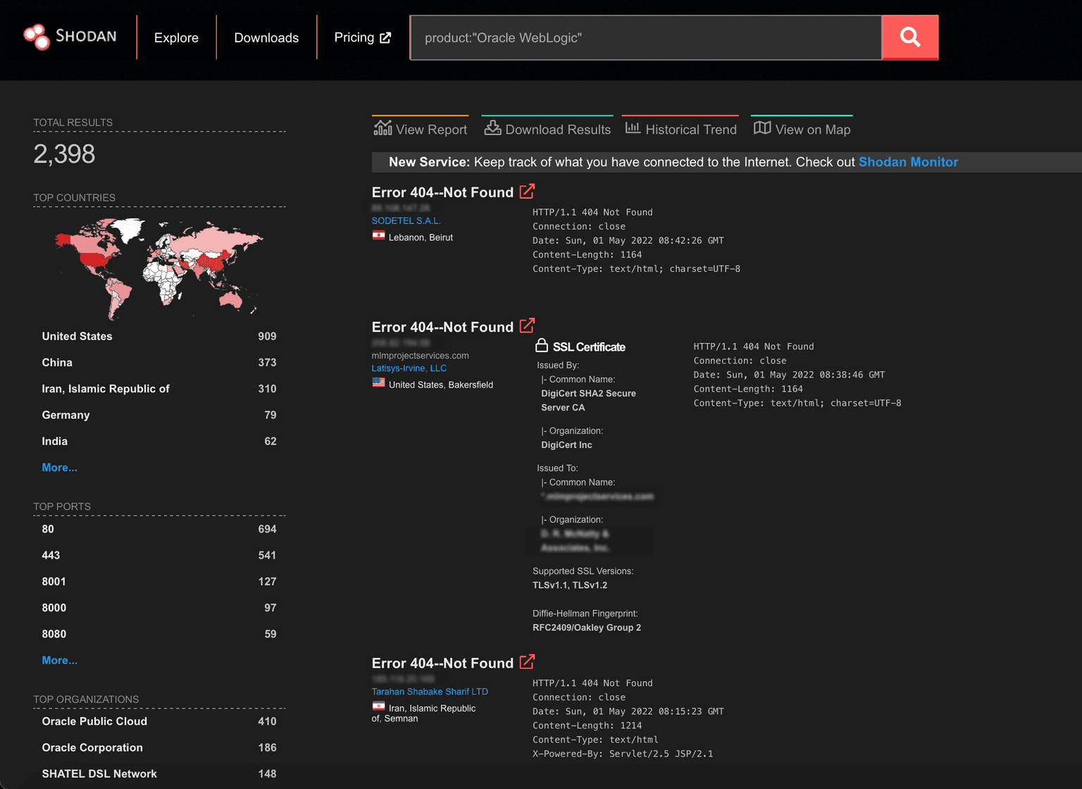 Oracle WebLogic query results on Shodan