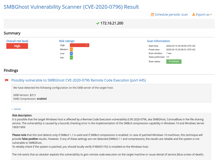 sample report of a SMBGhost scan