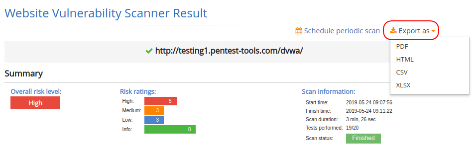 website vulnerability scanner results to export