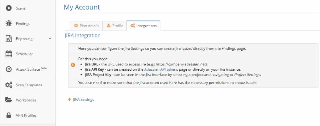 Jira settings account pentest-tools.com