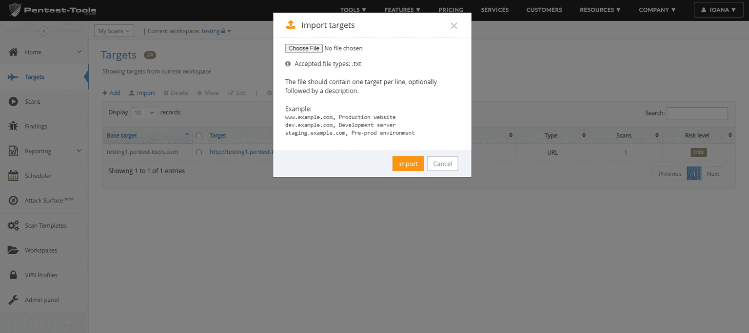 Import targets with description pentest-tools.com account