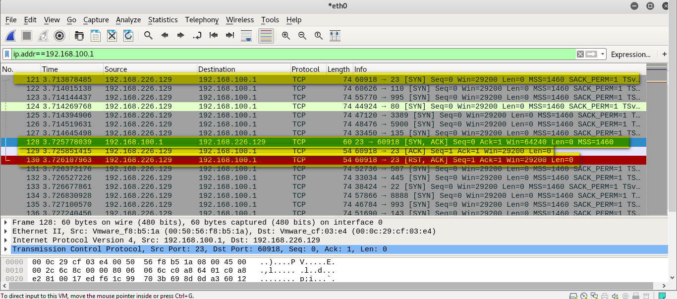 nmap connection starts with an SYN packet visible inline 121