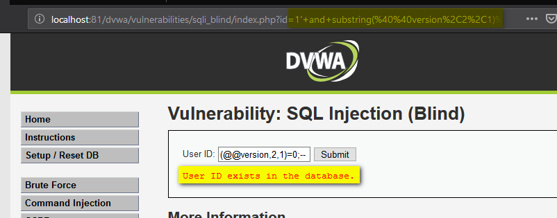 SQL Injection Blind user id exists from the database