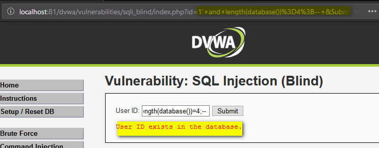 SQL Injection user id 4 exists in the database message