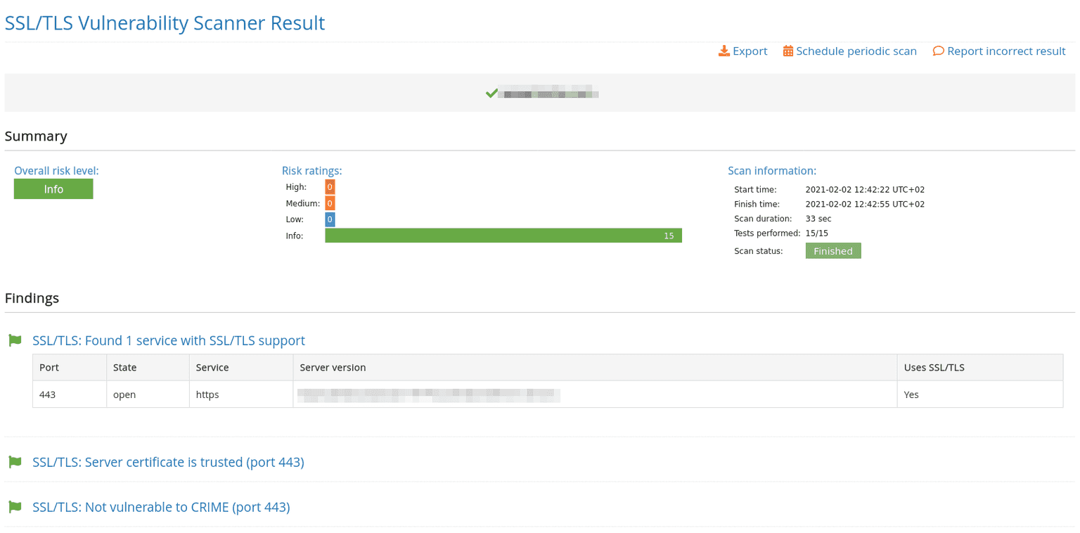 SSL/TLS Vulnerability Scanner results