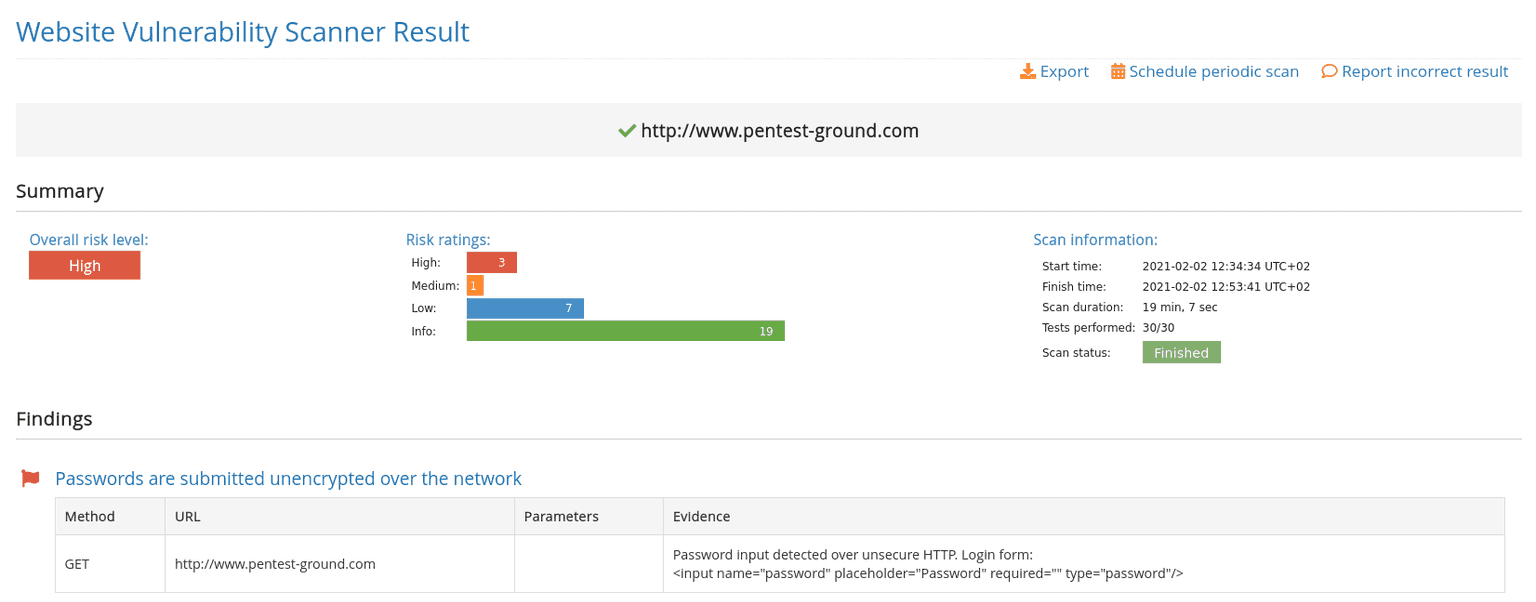 Website Vulnerability Scanner results