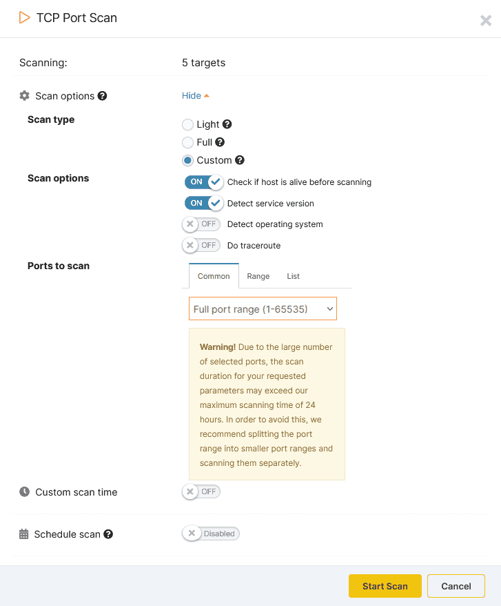 range scan options for the TCP Port Scanner