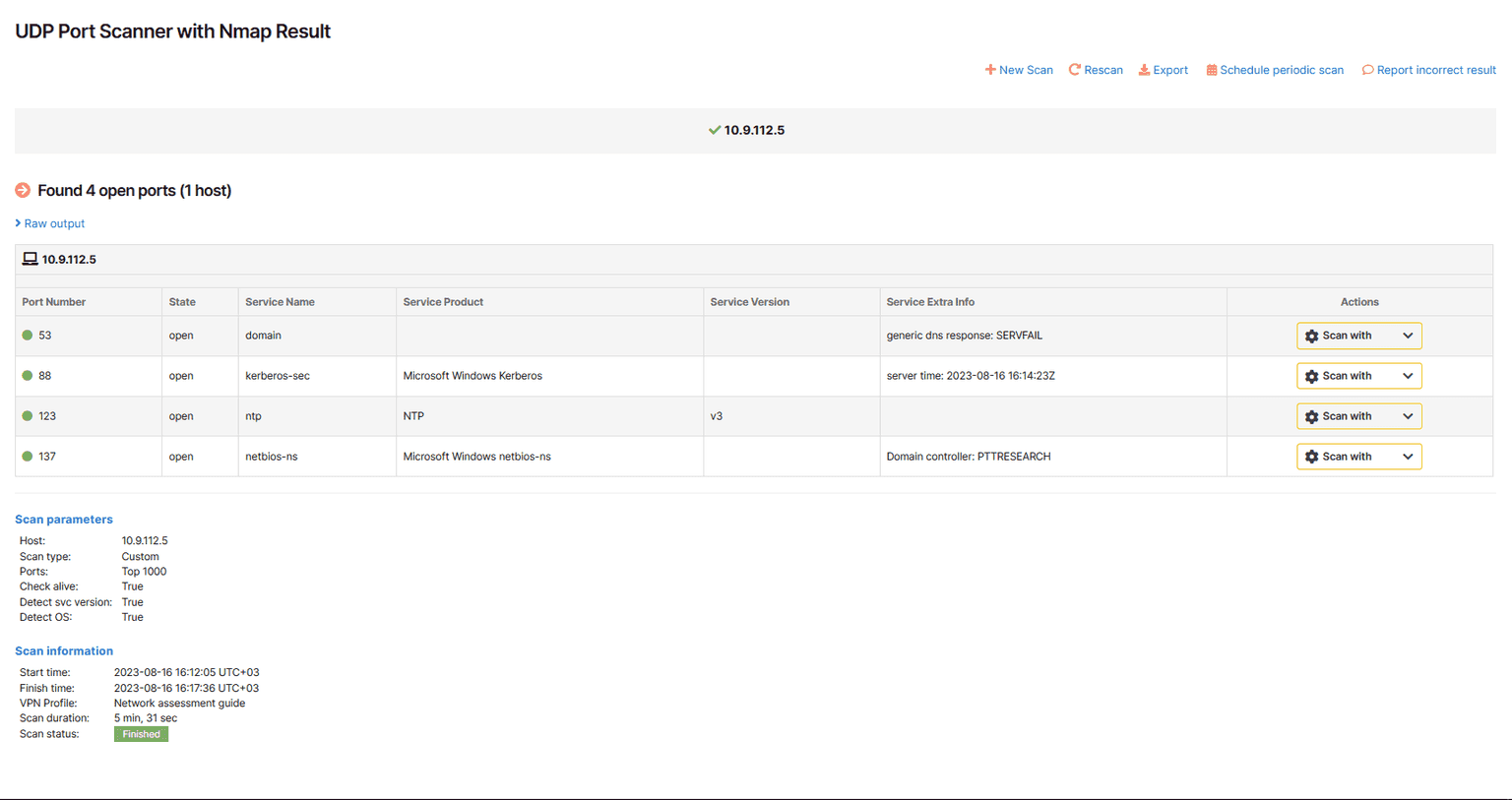 IP scan results with the UPD Port Scanner