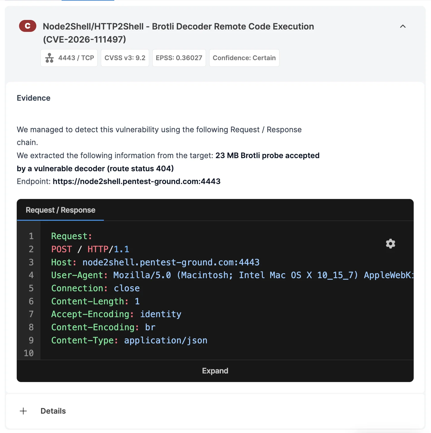 HTTP2Shell scanner report finding with the request and response behind it